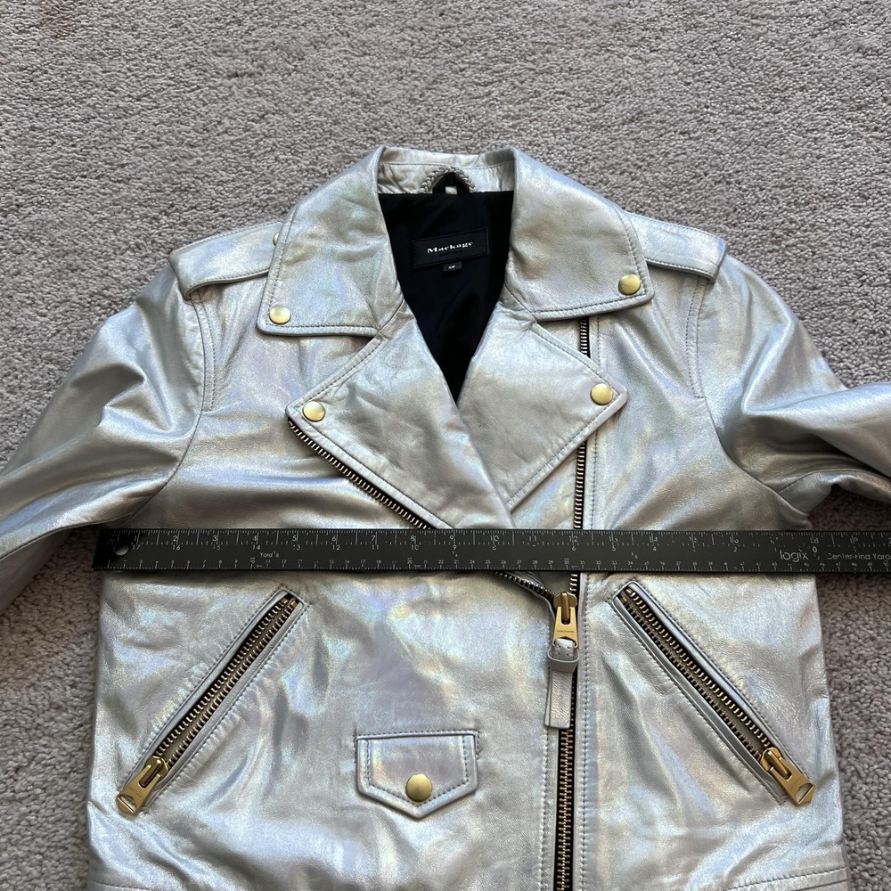 Mackage Moto Biker Jacket Silver Metallic Lambskin Leather Womens Small Zip - Picture 12 of 16